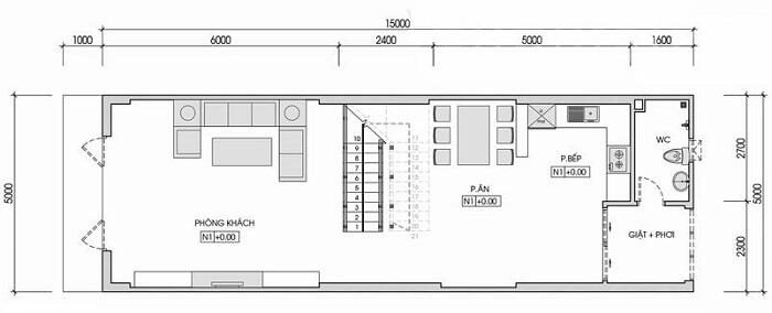 bản vẽ công năng tầng một nhà ống 2 tầng 1 tum 5x15m