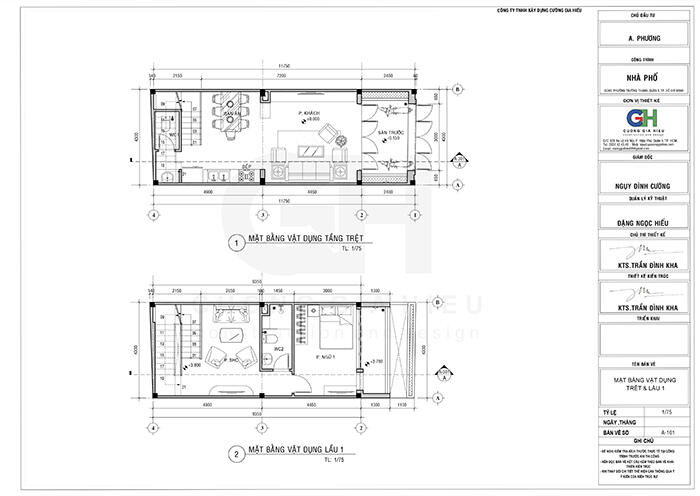 Bản vẽ mặt bằng công năng tầng trệt tầng một nhà phố hiện đại 4 tầng 4x12m